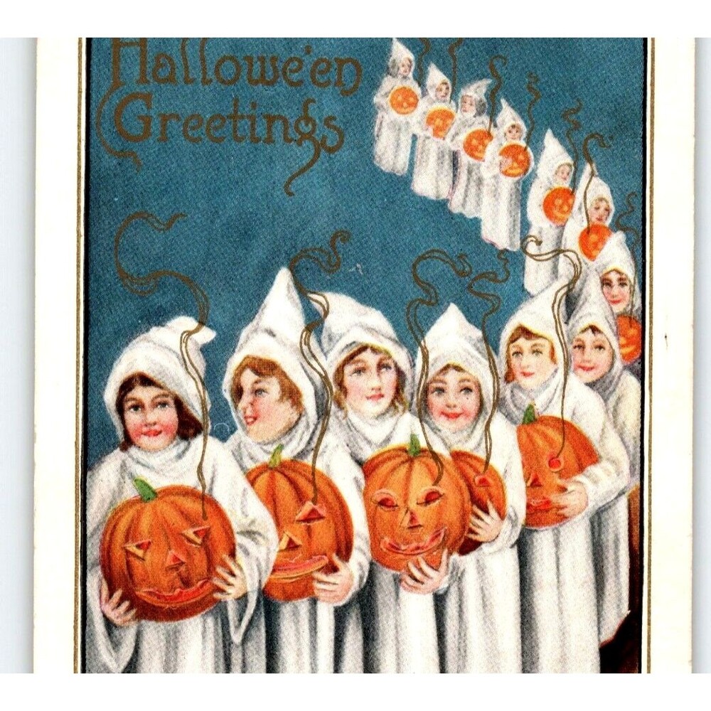 Halloween Postcard Children In White Hooded Capes Holding JOL Pumpkins Embossed